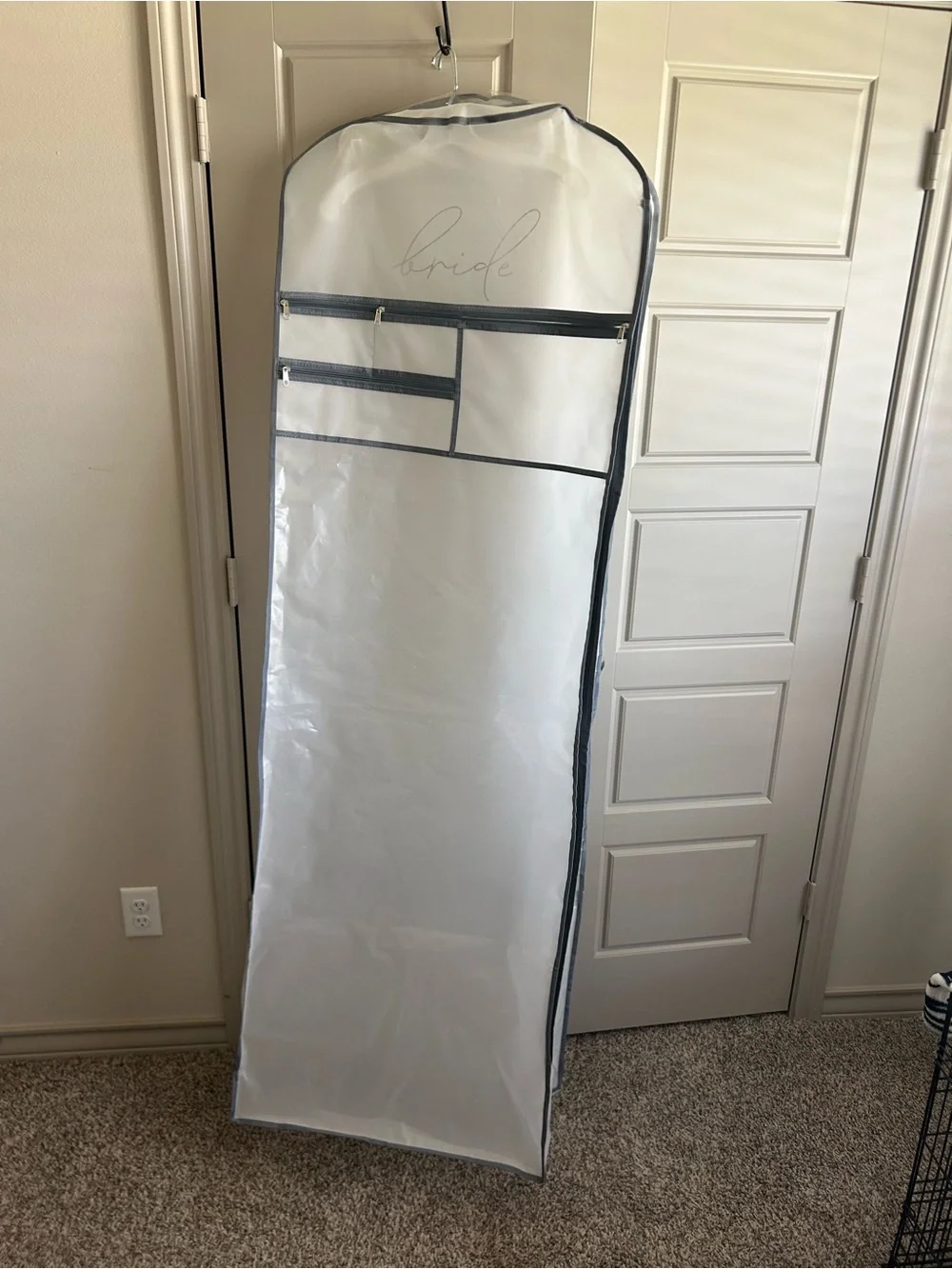 David's Bridal White Garment Bag with Gray Trim and 'Bride' Script